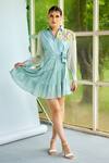 Buy_Garima Bindal_Grey Silk, Chanderi Embroidery Collared Dixy Short Shirt Dress _at_Aza_Fashions