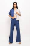 Buy_Neora By Nehal Chopra_Blue Bemberg Modal Silk Crop Shirt Collar Colorblock And Pant Set  _at_Aza_Fashions