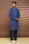 Buy_Linen Bloom_Blue 100% Linen Embroidered Thread Work Placket Kurta _at_Aza_Fashions