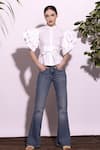 Buy_Ashico_White Cotton Plain Shirt Collar Winged With Wrap Belt _at_Aza_Fashions