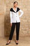 Buy B'Infinite White Crepe Collared Neck Colour Block Blazer And Trouser Set at Aza Fashions Buy_B'Infinite_White Crepe Collared Neck Colour Block Blazer And Trouser Set_at_Aza_Fashions