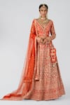 Buy_Suruchi Parakh_Orange Raw Silk Embroidery Gota Plunge V Bridal Lehenga Set _at_Aza_Fashions