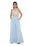 Buy_Payal Singhal_Blue Denim Embroidery Mirror Sweetheart Neck Bustier And Flared Pant Set _at_Aza_Fashions