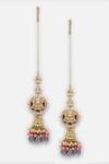 Buy_Dugran By Dugristyle_Peach Pearls, Lace Embellished Meenakari Jhumkas _at_Aza_Fashions
