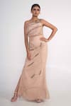Buy_Merge Design_Beige Net, Modal, Crepe Pearls, Stones Asymmetric One Shoulder Gown _at_Aza_Fashions