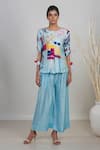Buy_Garo_Blue Silk Embroidery, Tassels Round Abstract Print Pleated Top And Flared Pant Set _at_Aza_Fashions