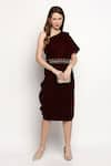 Buy_Monk & Mei_Maroon Velvet Brocade And Tassels One Shoulder Shakira Cowl Draped Dress _at_Aza_Fashions