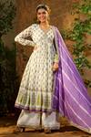Buy_Bairaas_Purple Mul Cotton Hand Block Print Floral V Neck Anarkali Sharara Set_at_Aza_Fashions