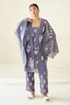 Buy_Cotton and Clay_Blue Chanderi Hand Block Print Bouquet Jacket Kimono Top Trouser Set  _at_Aza_Fashions