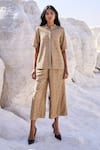 Buy_Dash and Dot_Beige 100% Polyester Lace Band Collar Top And Pant Set _at_Aza_Fashions