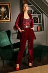Buy_Priyanka Jain_Wine Velvet Lining Shantoon Sequin Blazer Lapel Lace Sleeves And Pant Set _at_Aza_Fashions