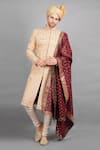 Buy_Soniya G_Beige Raw Silk Embroidery Chevron Sherwani Set _at_Aza_Fashions