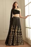 Shop_Studio Iris India_Black Skirt Banarasi Silk Floral Pattern One Shoulder Koel Blouse And Set _at_Aza_Fashions