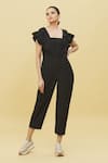 Buy_Samyukta Singhania_Black Poplin Solid Square Neck Pleated Overlay Jumpsuit _at_Aza_Fashions