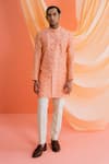 Buy_Drishti & Zahabia_Peach Kurta Dupion Silk And Pants Silk Lining Checkered Set _at_Aza_Fashions