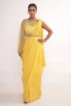Buy_Merge Design_Yellow Georgette, Net, Crepe Embroidery Boat Neck Solid Pre-draped Saree Set _at_Aza_Fashions