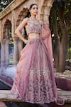 Buy_Mehak Murpana_Pink Net Embroidery Stripe Square Neck Bridal Lehenga Set _at_Aza_Fashions