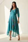 Buy_Koashee By Shubitaa_Blue Silk Embroidery V-neck High Low Wrap Dress _at_Aza_Fashions