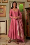 Buy_Zoon_Pink Anarkali Chanderi Embroidered Aari Round Set With Banarasi Dupatta _at_Aza_Fashions