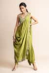 Buy_Nupur Kanoi_Green H Silk Hand Embroidery Pre-draped Dhoti Saree With Blouse  _at_Aza_Fashions