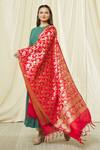 Shop_Samyukta Singhania_Red Brocade Embroidery Floral Pattern Fringe Hem Dupatta _Online_at_Aza_Fashions