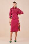 Buy_Chandrima_Fuchsia Kalacotton Embroidered Cutwork Shirt Collar Bead Kimono Dress _at_Aza_Fashions