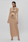 Buy_Deme by Gabriella_Beige Net Round Bodycon Front Cutout Gown _at_Aza_Fashions