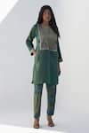 Buy_Nadima Saqib_Green Tissue Embroidered Mirror Notched Yoke Kurta _at_Aza_Fashions