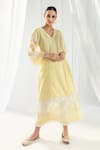 Buy_Roze_Yellow Kantha Cotton Embellished Lace V Neck Celeste Kurta _at_Aza_Fashions