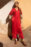 Buy_Avaasya Jaipur_Red Gabardine, Silk Fringe, Embroidery Sleeve Embellished Kurta And Pant Set  _at_Aza_Fashions