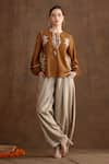 Buy_Nikasha_Brown Cotton, Silk, Rayon Embroidery, Beads Applique Top And Baggy Pant Set _at_Aza_Fashions