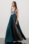 Akhl_Green Silk Satin (100% Polyester) + Lurex-tulle (57% Gathered Strap Gown _Online_at_Aza_Fashions