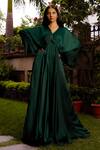 Buy_OMANA BY RANJANA BOTHRA_Green Satin Sequin V Neck Emerald Flared Gown For Women_at_Aza_Fashions
