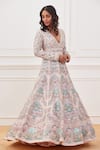 Buy_Rahul Mishra_Pink Shell- Silk Embroidered Floral Plunge V Gul-e-bahar Gown _at_Aza_Fashions