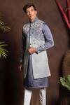 Buy_More Mischief_Grey Silk Linen Embroidery Floral Ombre Long Bundi And Kurta Set  _at_Aza_Fashions