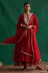 Buy_Rekha Agra_Red Chanderi Embroidered Mukaish Round Work Anarkali Set _at_Aza_Fashions