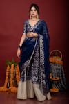 Buy_Monk & Mei_Blue Brocade Floral V Neck Sevati Pattern Sharara Saree With Blouse _at_Aza_Fashions