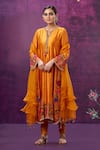 Buy_Label Niti Bothra_Yellow Kora Silk Applique Mughal Round Floral Kurta Pant Set _at_Aza_Fashions