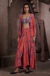 Buy_AFFROZ_Coral Viscose Crepe Printed Square Neck Jacket And Draped Skirt Set _at_Aza_Fashions