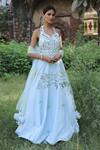 Buy_Nitisha Kashyap Official_Blue Net, Silk Mirrors, Beads, Zari Halter Embroidered Anarkali With Dupatta _at_Aza_Fashions