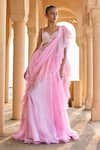 Buy_LASHKARAA_Pink Chiffon Embroidery Beads Sweetheart Neck Pre-draped Ruffle Trim Saree Set _at_Aza_Fashions