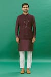 Buy_RNG Safawala_Wine Cotton Silk Embroidered Thread Kurta Set With Nehru Jacket _Online_at_Aza_Fashions