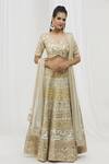 Buy_Vandana Sethi_Beige Silk Mirrors, Sequins V-neck Floral Mirrorwork Panelled Bridal Lehenga Set _at_Aza_Fashions