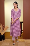 Buy_Pheeta_Pink Cotton Printed Striped Round Floral Hand Kurta And Pant Set _at_Aza_Fashions