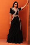 Buy_Kesar Studio_Black Silk Embroidery Zardozi Leaf Neck Pre-draped Skirt Saree Set_at_Aza_Fashions