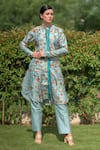 Shop_Thetaa_Sky Blue Dupion Silk Floral Band Collar Kurta Set _at_Aza_Fashions