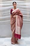 Buy_Priyanka Raajiv_Maroon Silk Tissue Stripe Pattern Charu Banarasi Brocade Saree_at_Aza_Fashions
