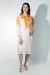 Buy_Jyoti Bansal_White Cambric Cotton Chequered Yoke Round Three Quarter Sleeve Pattern Tunic _at_Aza_Fashions