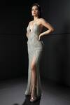 Buy_Rohit Gandhi + Rahul Khanna_Silver Tulle, Viscose Sequins, Crystals Cynthia Boxes Artwork Embellished Gown _at_Aza_Fashions