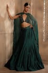 Buy_OMANA BY RANJANA BOTHRA_Emerald Green Blouse And Lehenga - Raw Silk Embroidery Thread Cape Nora Set _at_Aza_Fashions